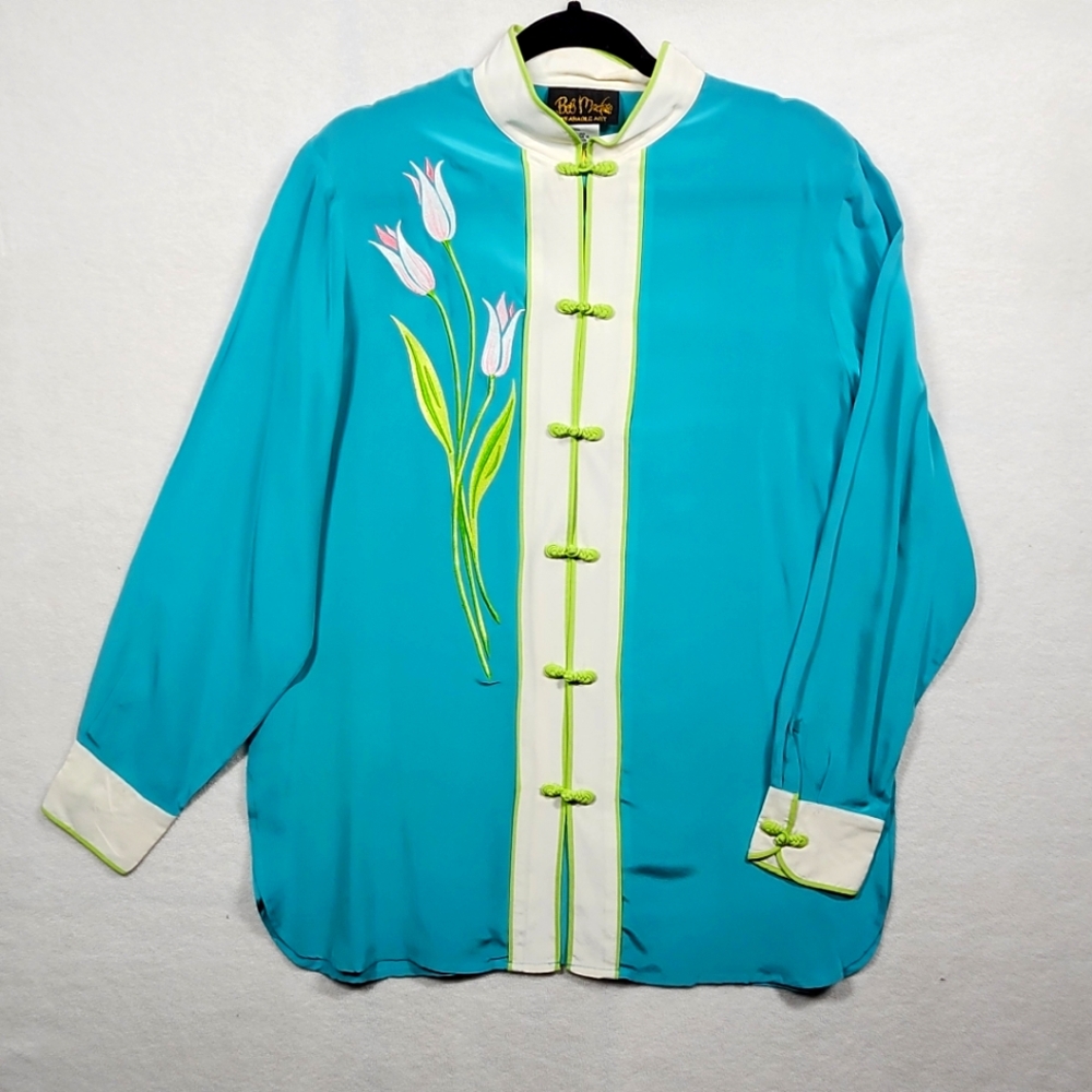 Vintage Bob Mackie Wearable Art 100% Blouse Shirt Size M Embroidered Tulips Lux
